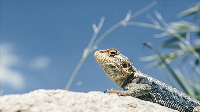 Close up of agama lizard (Agama agama) hunting flies on rock in the Serengeti National Park in Africa.
