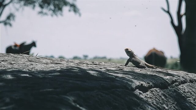 Close up of agama lizard (Agama agama) hunting flies on rock in the Serengeti National Park in Africa.
