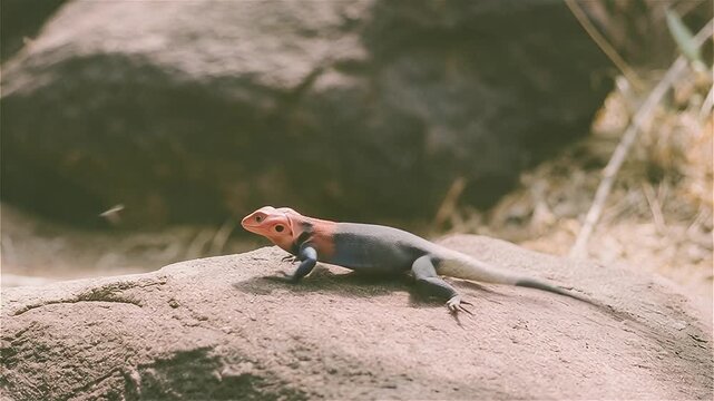Close up of agama lizard (Agama agama) hunting flies on rock in the Serengeti National Park in Africa.
