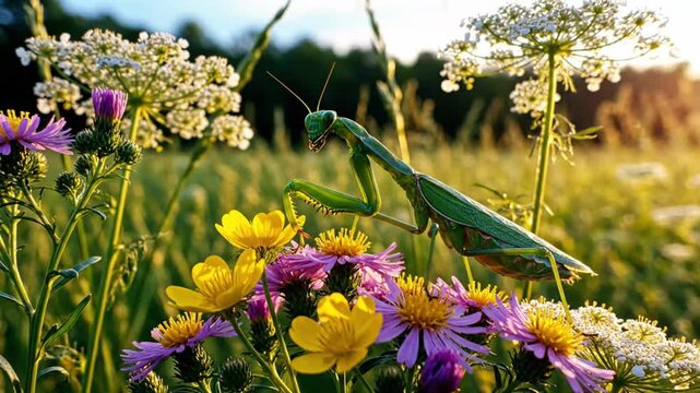 Praying mantis perched on vibrant wildflowers in a sun-drenched meadow during golden hour showcasing nature's beauty