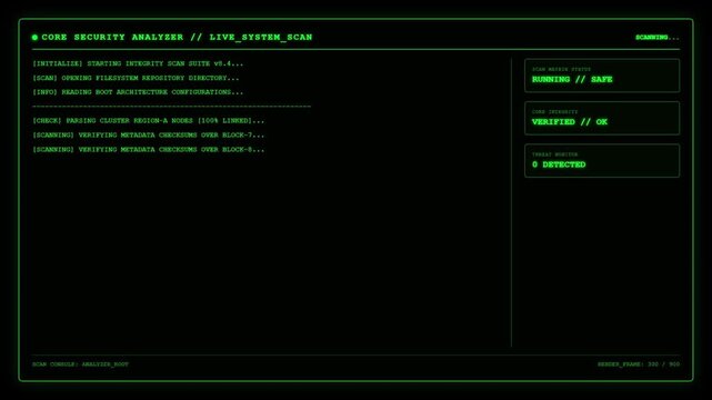 Futuristic Core Security Analyzer Live System Scan Cybersecurity Green UI Dashboard Screen Display.