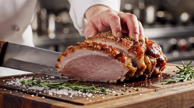 Chef carefully carving a juicy roasted meat with a sharp knife on a wooden cutting board