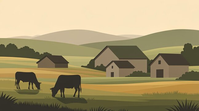 Peaceful Rural Farm Landscape with Grazing Cows and Rolling Hills, Serene Countryside Illustration