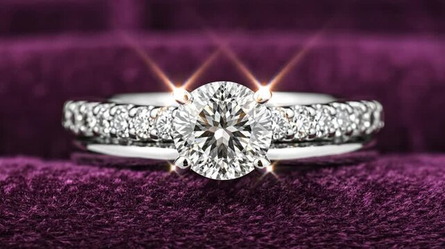 Diamond engagement ring on a purple velvet background, symbol of love and commitment for wedding proposals