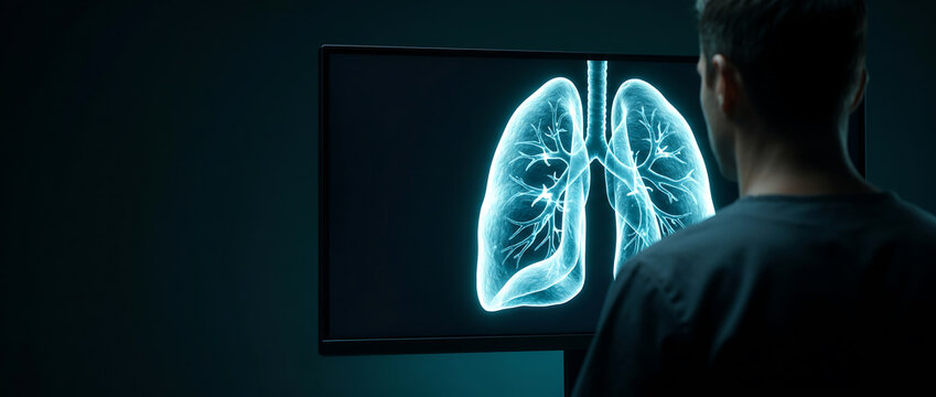 Doctor examining glowing blue lungs on a futuristic digital screen