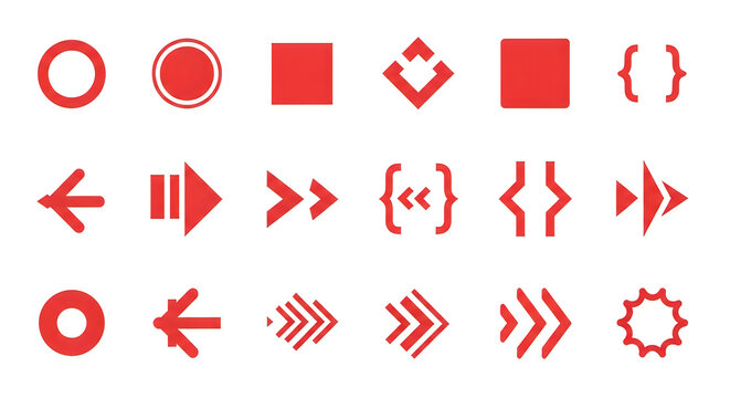 A collection of common geometric shapes and symbols in varying shades of red, including circles, squares, triangles, arrows and brackets, displayed in rows and columns