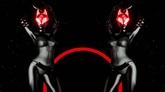 Futuristic 3d loop animation of cybernetic foxy dancers with red glowing eyes in dark abyss