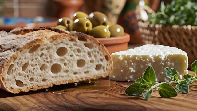 Fresh Olives and Cheese Appetizer Platter with Herbs on Wooden Board.