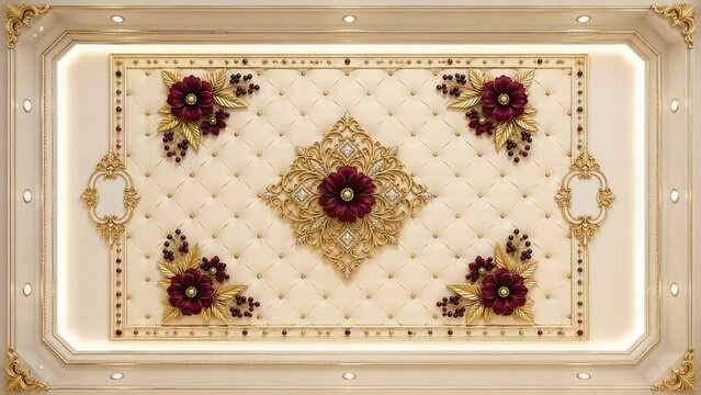 Generative AI illustration of luxury cream tufted wall panel adorned with maroon floral ornaments and borders