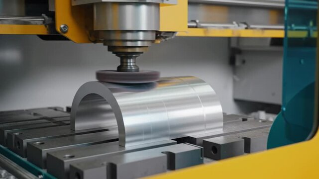 Automated precision machine polishing process on an aluminum arch shape at an industrial workshop with close-up shot
