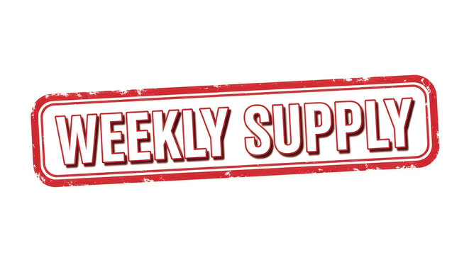 A bold red oval stamp with the words 'weekly supply' in capital letters, conveying a sense of regularity and importance
