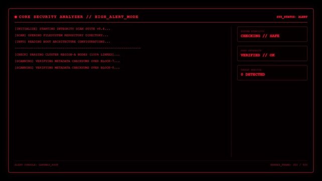 Futuristic Core Security Analyzer Live System Scan Cybersecurity High Alert Red UI Dashboard Screen Display.