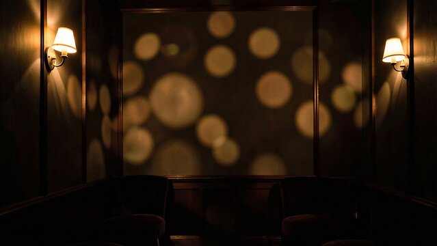 Dark wood lounge interior with warm glowing bokeh light reflections
