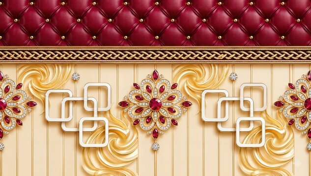 Generative AI illustration of luxury interior wall decoration with maroon tufted leather and beige geometric patterns