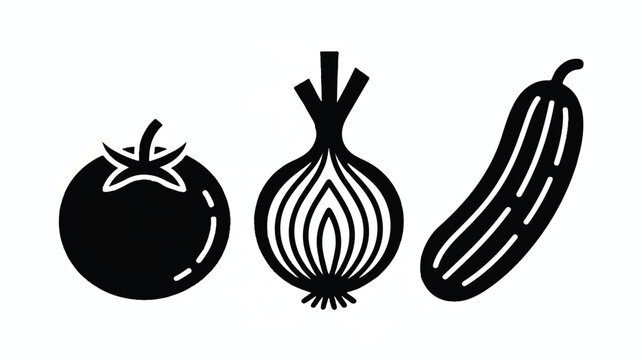 Black silhouette icons of tomato onion and cucumber vegetables