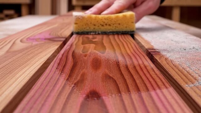 Applying a Wood Stain with a Sponge Revealing Rich Pink Hue and Enhancing the Wood Grain