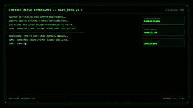 Futuristic Matrix Cloud Interfaces Data Core Secure Node Blockchain Ledger Green UI Dashboard Screen Display.