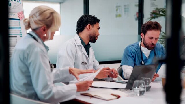 Medical, team and discussion in hospital with documents, staff turnover and stats for mortality rate. Healthcare, people and meeting with paperwork, data analysis and graphs for employee retention.