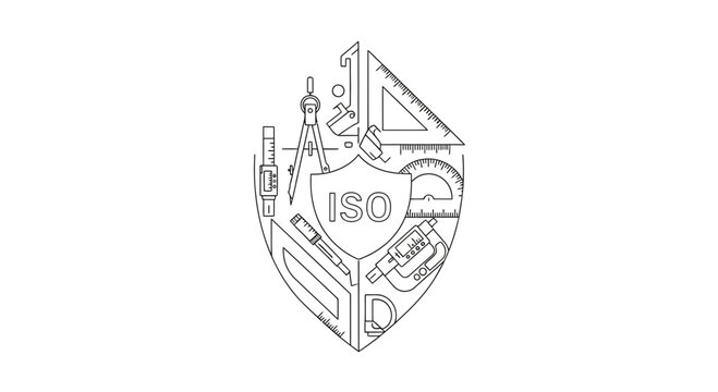A line art shield emblem composed of various engineering and drafting tools.