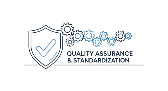 Quality assurance and standardization icon with shield and gears.