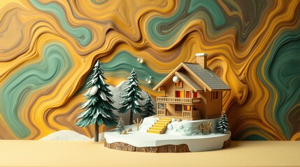Fototapeta premium Cozy cabin scene. Papercraft style mountains, trees, snow. Warm colors, whimsical design, inviting winter landscape.