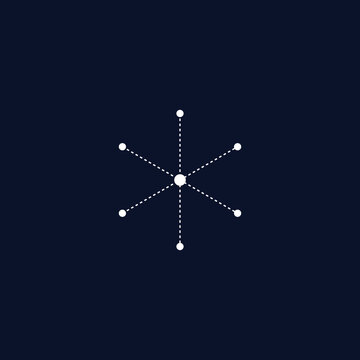 Minimalist white hexagonal node network diagram icon isolated on a dark navy blue background design.
