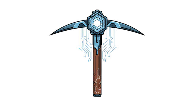Futuristic mining tool pickaxe with glowing elements and digital accents.
