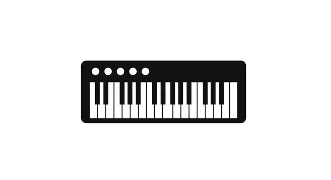 Synthesizer keyboard displays a black and white interface with circular knobs for electronic music production.