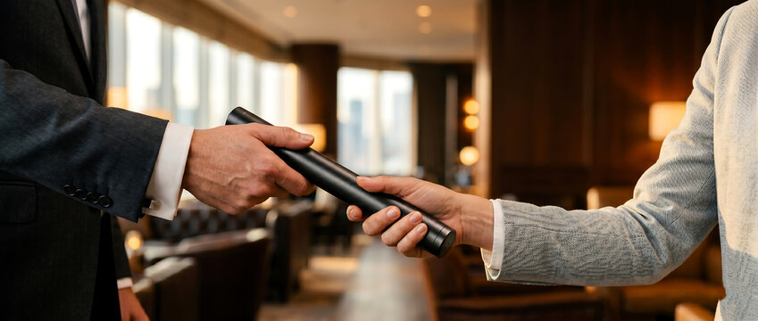 Business professionals exchanging a baton in a modern office setting, symbolizing teamwork and transition