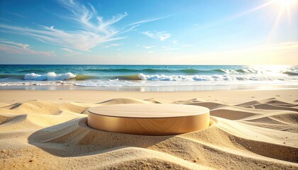 Obraz premium Wooden platform on a sandy beach with ocean waves and a clear blue sky, perfect for showcasing products or designs.