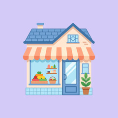 Obraz premium A small grocery store building with a striped awning and produce