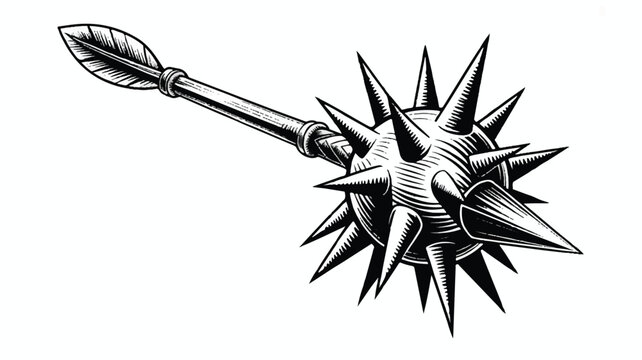 spiky medieval flail weapon with long handle and sharp spikes