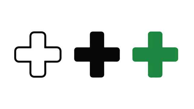 Three plus signs in different colors  white outline black and green