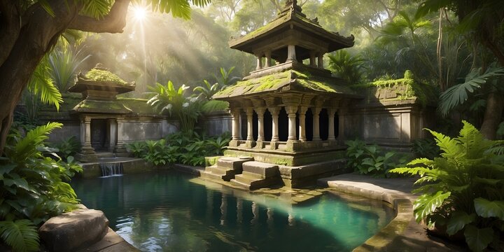 Ancient Tropical Temple Pool In Jungle Garden