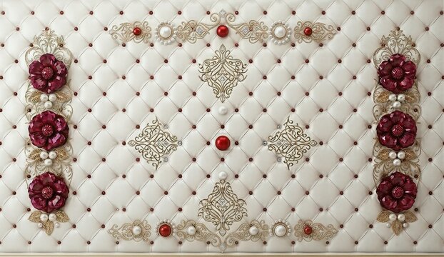 Generative AI illustration of luxury white tufted leather background with elegant pearl ornaments and red beads