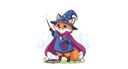 Cute cartoon fox wizard with magic wand and spellbook © rahasia