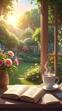 A serene garden view with a cup of steaming coffee