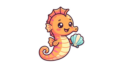 Cute cartoon seahorse holding a seashell, isolated on white background © rokok