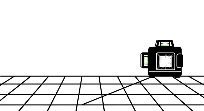 A black and white line art illustration of a laser level tool on a grid floor.