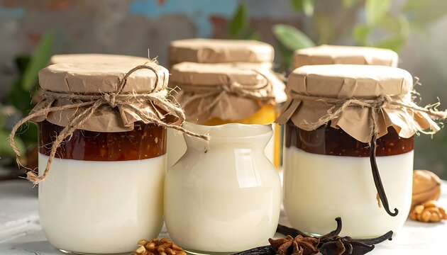 Jars of layered cream and preserves with paper lids & twine, walnuts, star anise, and green foliage