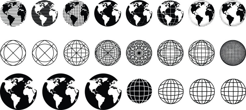 Set of professional vector globe icons featuring stylized world maps wireframe grids and abstract circular earth shapes for corporate global business and logistics design