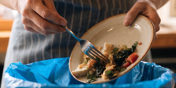 Chef in Apron Scraping Leftover Food from Plate into Trash Bin with Blue Plastic Bag Showing Food Waste and Disposal Concept in Restaurant Kitchen Closeup View