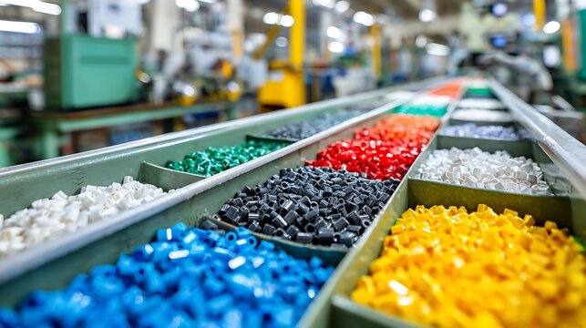 Plastic resin pellets of various colors in industrial storage bins on factory production line.