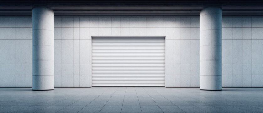 Closed white roller shutter door with minimalist concrete columns for retail branding architectural commercial facade concept clean urban design aesthetic