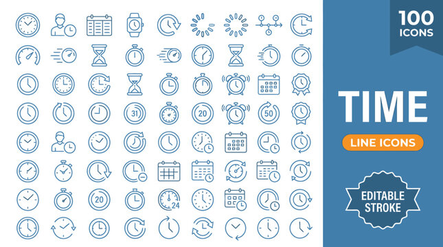 A collection of 100 line icons depicting various time-related symbols and editable stroke designs. , jpg, vector icons sets, png,