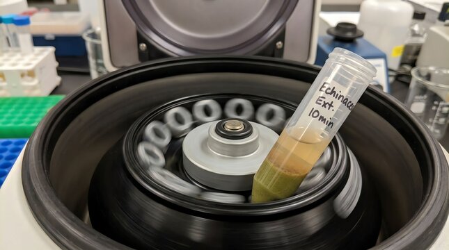 Laboratory centrifuge machine processing test tube with sample for scientific research.