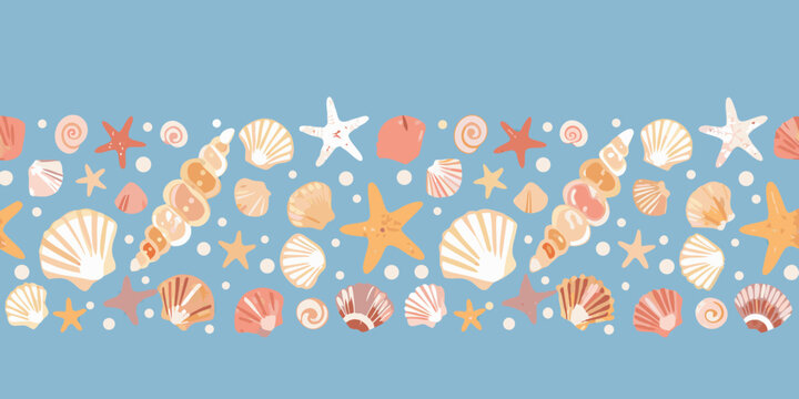 seashell border pattern on blue background starfish