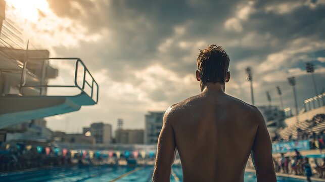 A male diver standing at the edge of a high diving board at a swimming pool.