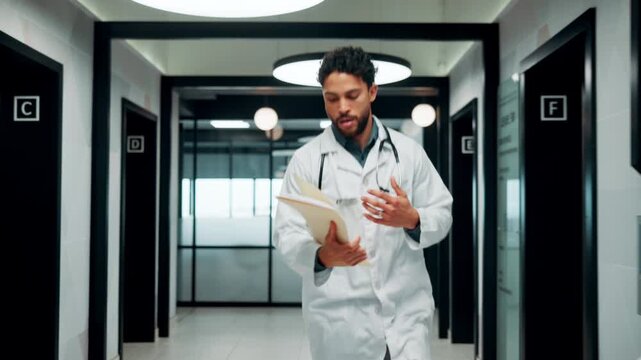 Running, man and doctor in hospital with documents for emergency treatment, surgery or procedure. Rush, paperwork and male healthcare worker with patient portfolio for medical service in clinic.