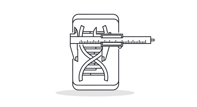 A line art illustration of a DNA helix being measured by a caliper on a smartphone screen.